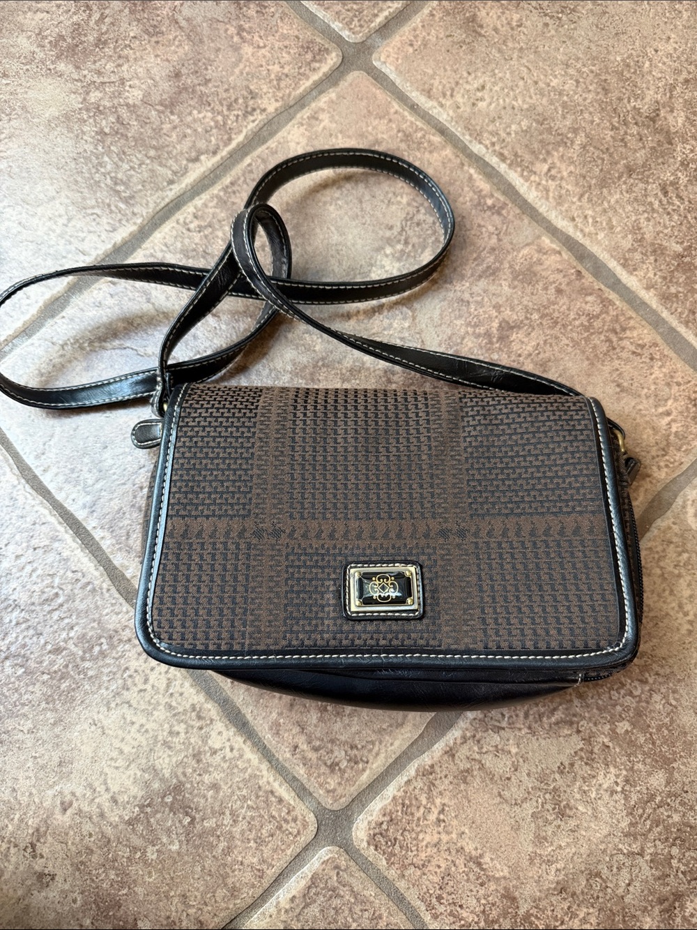 Brown Patterned Crossbody Bag with Black Trim